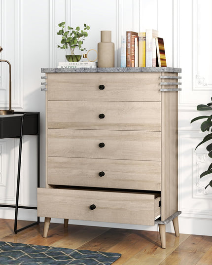 Giantex 5-Drawer Storage Cabinet with Rubber Wood Legs and Anti-Tipping Kit