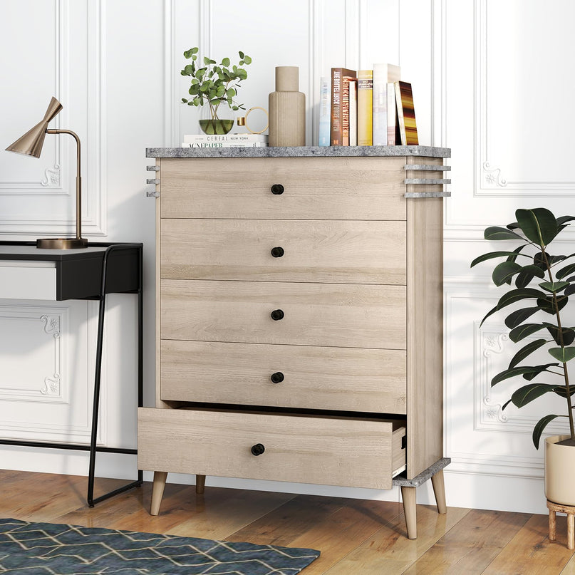 Giantex 5-Drawer Storage Cabinet with Rubber Wood Legs and Anti-Tipping Kit