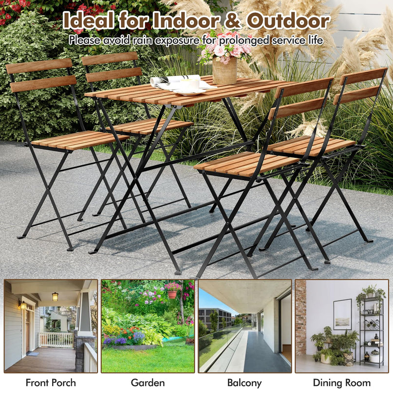 Giantex Acacia Wood Bistro Table with 4 Folding Patio Chairs for Yard Porch Garden Poolside