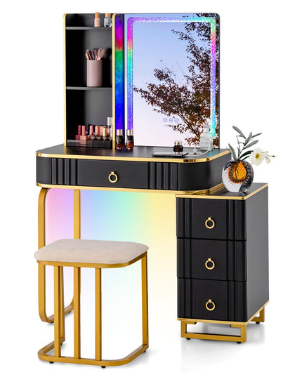 CHARMAID RBG LED Makeup Vanity Table, Colorful Lighted Mirror, 7 Dynamic & 7 Static Modes, 3-Drawer Chest