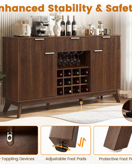 GIANTEX 60" Fluted Wine Bar Cabinet with 3 Stoarge Drawers & Wine Rack