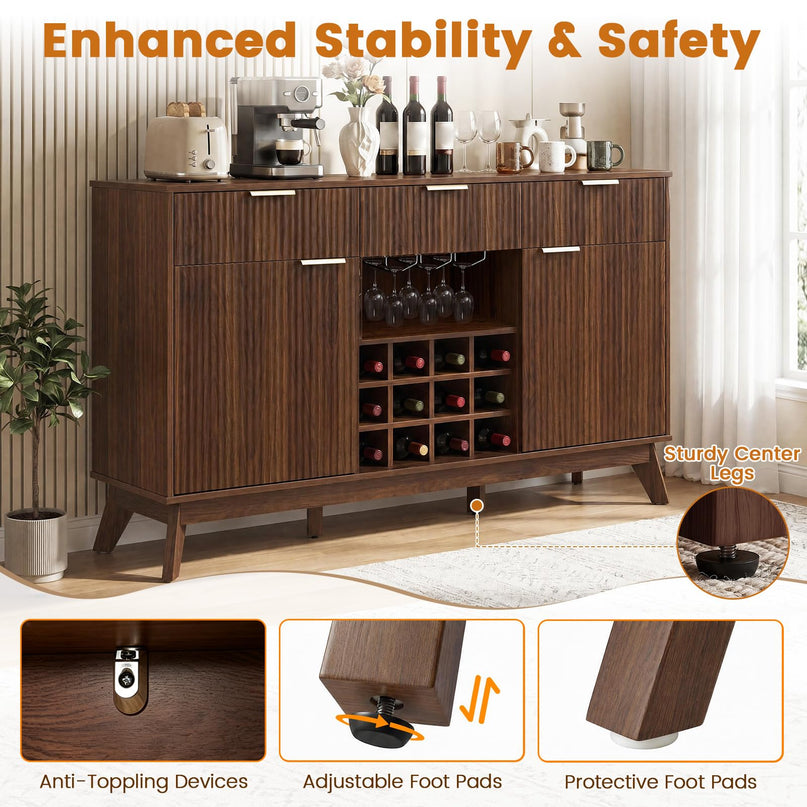 GIANTEX 60" Fluted Wine Bar Cabinet with 3 Stoarge Drawers & Wine Rack