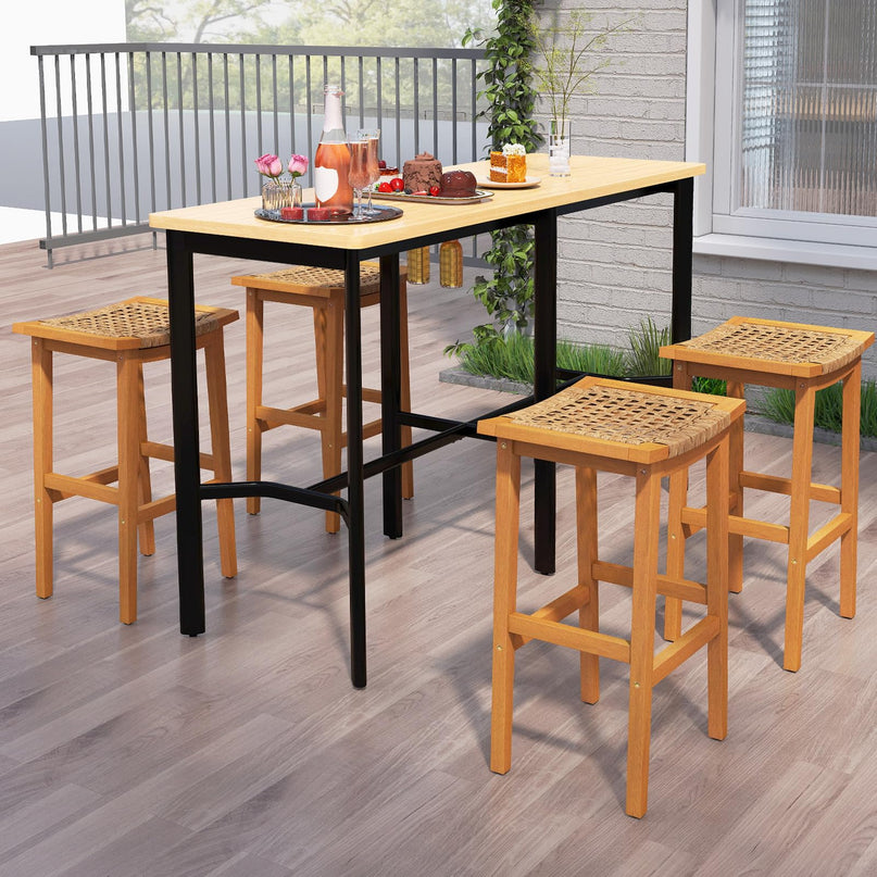 Giantex Outdoor Wooden Bar Stools Set of 2/4 with PE Rattan Saddle Seat & Footrest