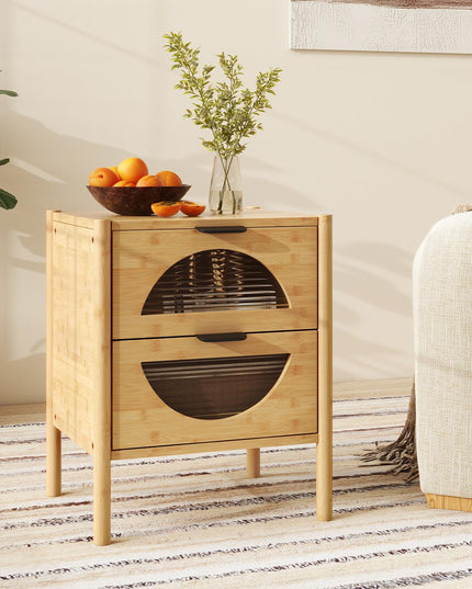 Giantex Bamboo Nightstand, Mid-Century Modern Bedside Table with 2 Storage Drawers & Tempered Glass