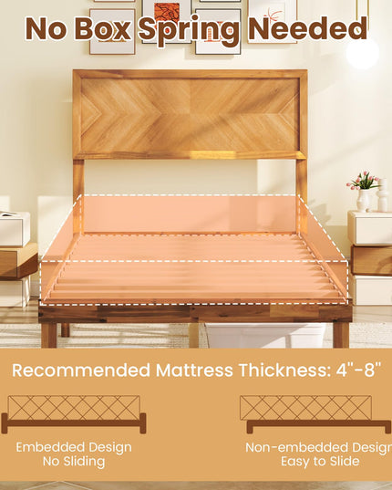 Giantex Wood Twin Bed/Full Size Bed/Queen Bed Frames with Headboard, Solid Acacia Wood Platform Bed with 12 Strong Wooden Slat Support