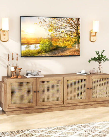 Giantex Farmhouse TV Stand for TVs up to 75”, 4-Door PE Rattan Entertainment Center