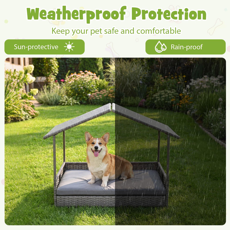 Giantex Outdoor Wicker Dog House with Washable Cushion