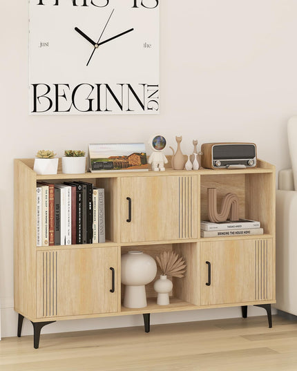Giantex Storage Cabinet, Sideboard with 3 Doors, 3 Open Compartments, Bookcase with 5 Raised Metal Legs