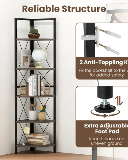 Giantex 5-Tier Corner Shelf, 63" Tall Corner Bookshelf, Freestanding Storage Rack w/Metal Frame
