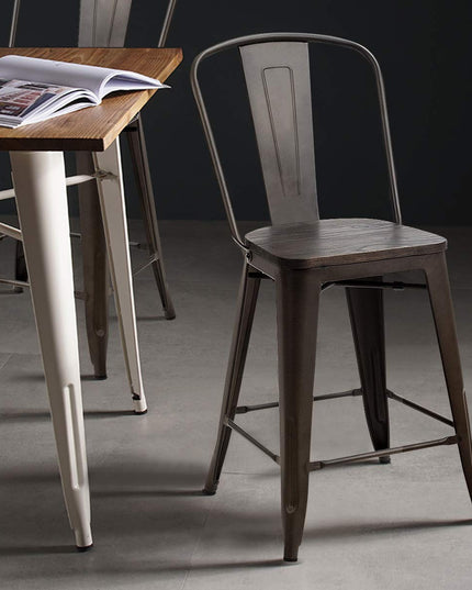 Giantex Tolix Style Dining Stools with Wood Seat and Backrest, Industrial Metal Counter Height Stool