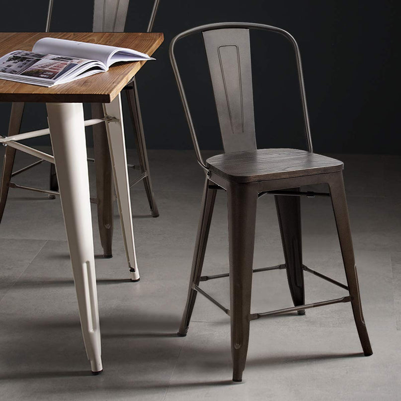 Giantex Tolix Style Dining Stools with Wood Seat and Backrest, Industrial Metal Counter Height Stool
