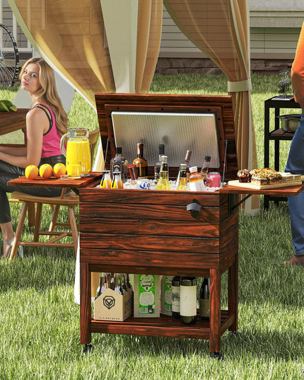 Giantex 54QT Wooden Patio Cooler Cart with Wheels Insulated Rolling Ice Chest with Drain