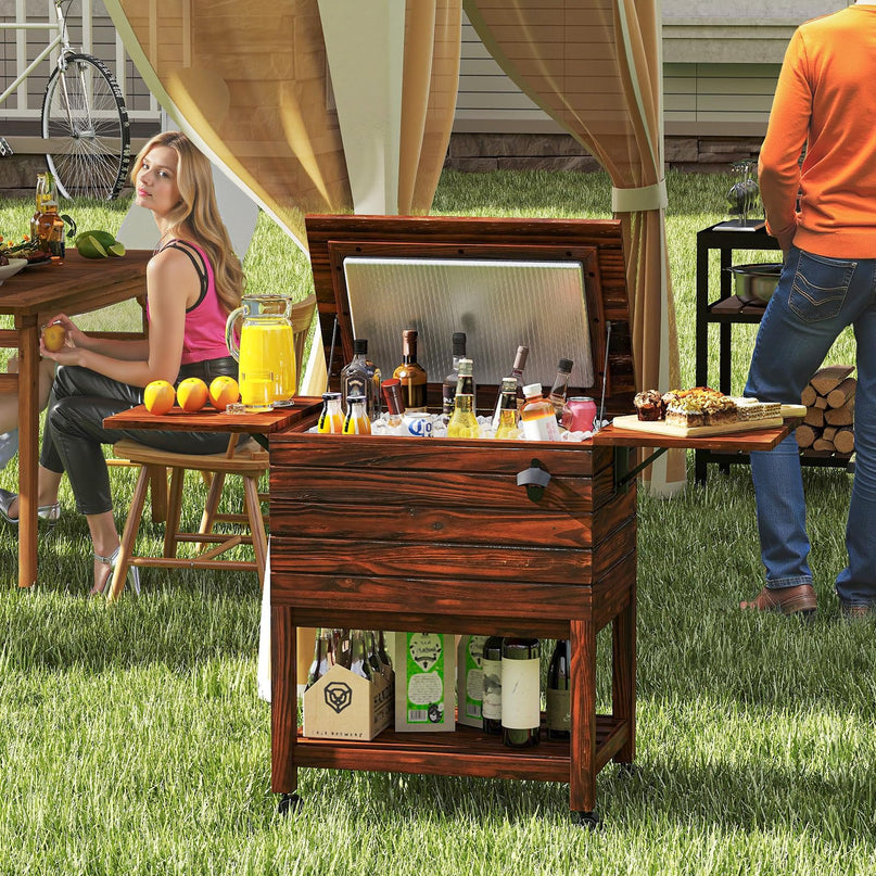Giantex 54QT Wooden Patio Cooler Cart with Wheels Insulated Rolling Ice Chest with Drain