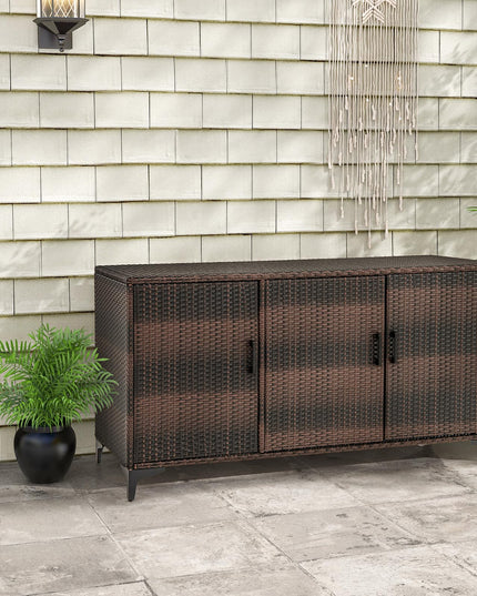 Giantex 84-Gallon Wicker Deck Box - Patio Storage Cabinet, 3-Door PE Rattan Storage Container with Removable Shelves