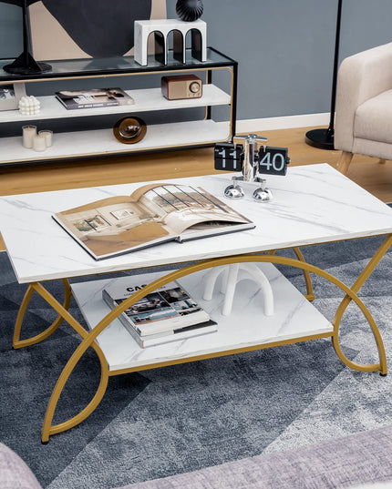 Table basse rectangulaire à 2 niveaux Giantex, table de cocktail moderne chic avec étagère de rangement ouverte, blanc/doré