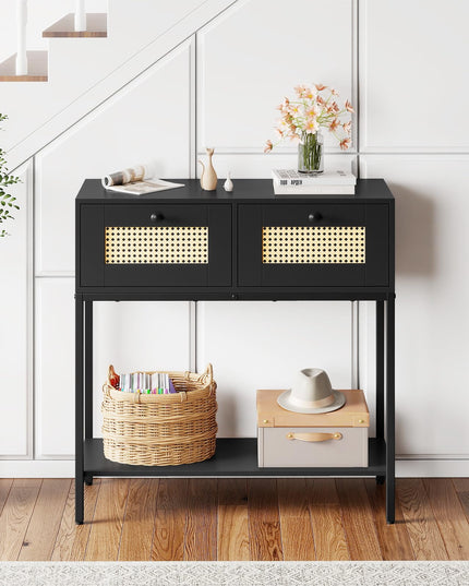 Console géante en rotin bohème de 81 cm avec 2 tiroirs et cadre en métal