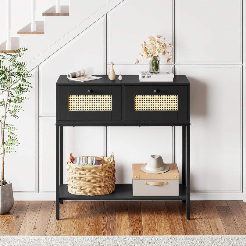 Console géante en rotin bohème de 81 cm avec 2 tiroirs et cadre en métal
