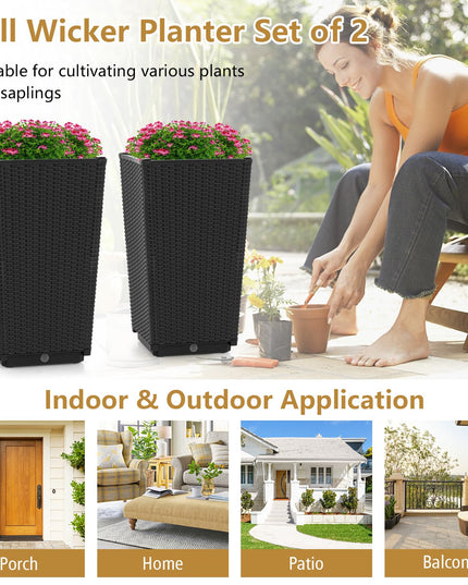 Giantex Outdoor Wicker Flower Pot Set of 2, 22.5” Tall Planters with Drainage Hole, Self-Watering Tray