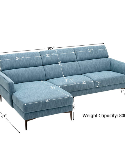 Giantex L-Shaped Sofa Couch, 3-Seat Upholstered Sofa with Wide Chaise Lounge, Adjustable Headrest, Blue