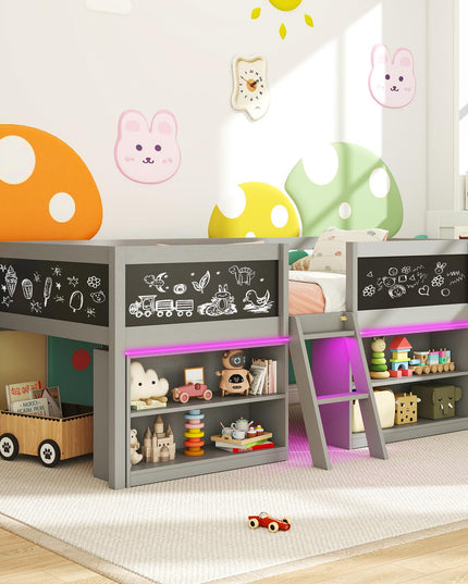 Giantex Low Loft Bed with LED Lights Wooden Twin Size Loft Bed（Twin with Light）