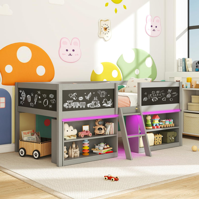 Giantex Low Loft Bed with LED Lights Wooden Twin Size Loft Bed（Twin with Light）