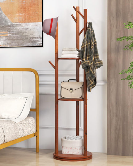 Giantex Coat Rack Freestanding, Wooden Rotary Coat Tree w/ 3 Display Storage Shelves & 9 Hooks