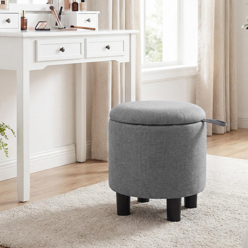 Giantex Round Ottoman with Storage Linen Fabric Upholstered