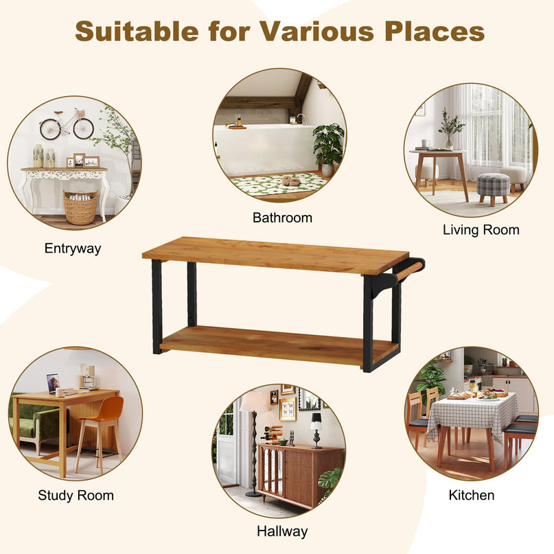 Giantex Teak Wood Bathroom Floating Wall Shelves 40.5" Long 2-Tier Storage Rack