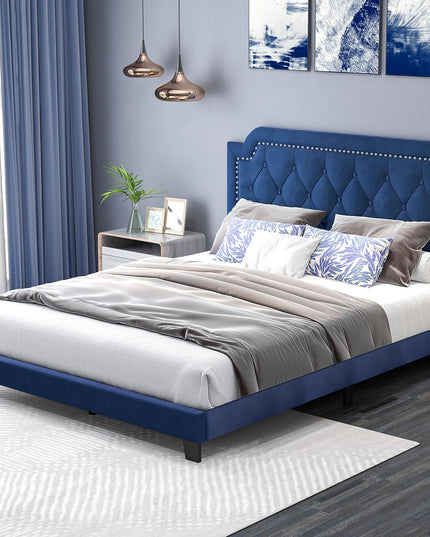 Giantex Velvet Queen Size Bed Frame, Upholstered Platform Bed with Button Tufted & Nailhead Trim Headboard