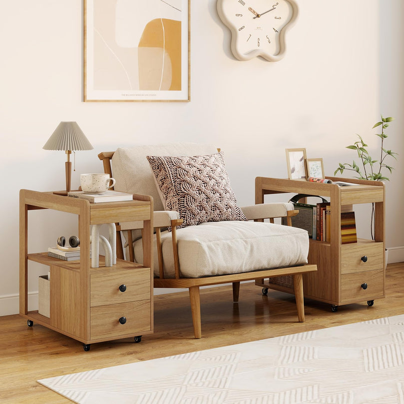 Giantex Rolling Side Table with Storage with Wheels & Open Shelves