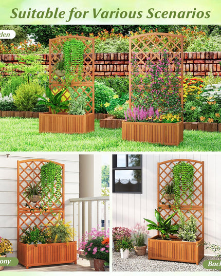 Giantex Solid Acacia Wood Planter Box with Trellis 63" Raised Garden Bed