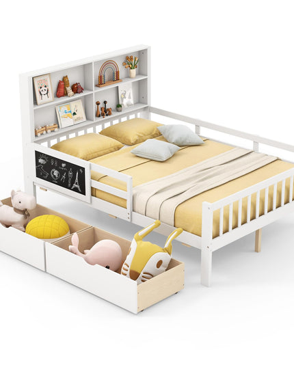 Giantex 2 Storage Drawers, Solid Wood Kids Bed Frame w/Bookcase Headboard & Blackboard