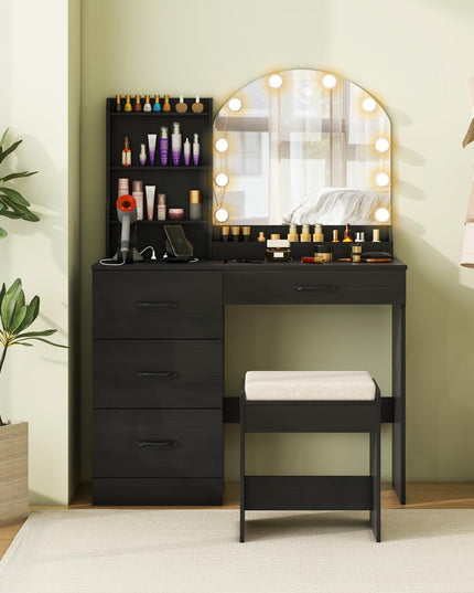 Vanity Desk with Lights - Makeup Vanity Table with Charging Station, 4 Drawers, 3 Storage Shelves
