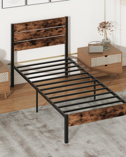 Giantex Metal Platform Bed Frame, Industrial Bed Frames with Wood Headboard