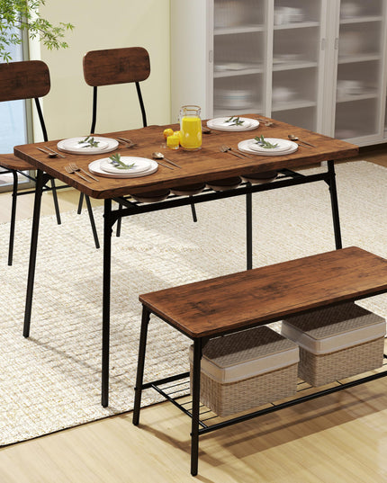 Giantex Dining Table Set for 4, Kitchen Table with Bench & 2 Chairs, Storage & Metal Frame