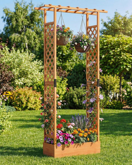 Giantex 89”Wooden Raised Garden Bed with Trellis & Hanging Roof