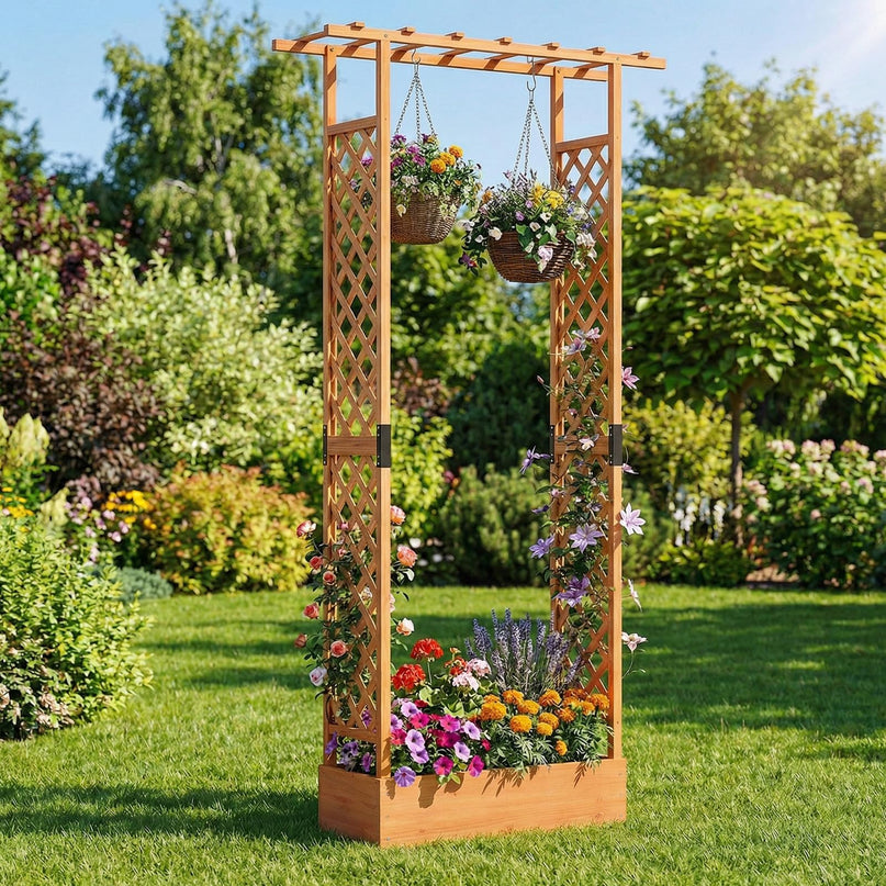 Giantex 89”Wooden Raised Garden Bed with Trellis & Hanging Roof