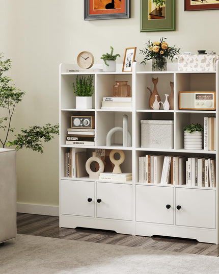 Giantex 4-Tier Bookcase with Doors, Small Bookshelf with 5 Cubbies and 2 Cabinets, White Freestanding Bookshelf