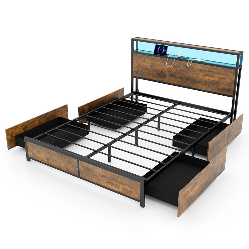Giantex Queen/Full Bed Frame with LED Lights Headboard and 4 Storage Drawers