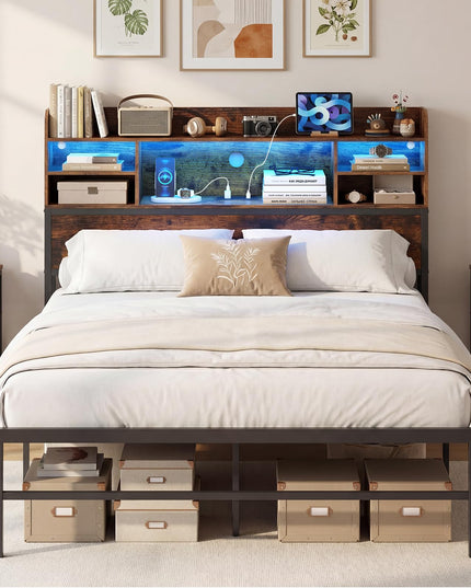 Giantex Full Size Industrial Metal Bed Frame with LED Lights & Charging Station