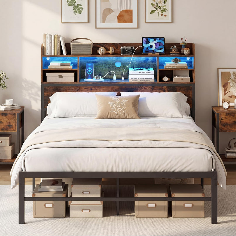 Giantex Full Size Industrial Metal Bed Frame with LED Lights & Charging Station