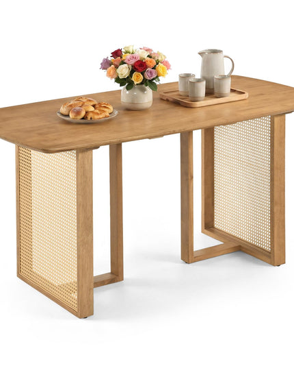 GIANTEX 55" Solid Rubber Wood Dining Table for 4-6 with Rattan Pedestal