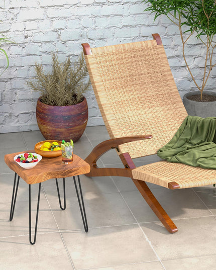 Giantex Teak Wood End Table, Solid Live Edge Outdoor Side Table w/Natural Grain & Heavy-Duty Metal Legs