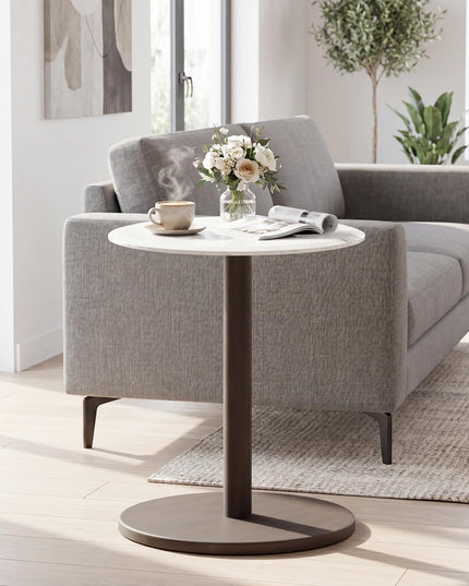 Giantex Round Marble Side Table w/Stone Finish & Wooden Pedestal (1/2)