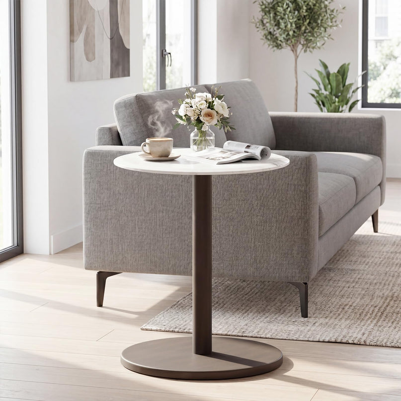 Giantex Round Marble Side Table w/Stone Finish & Wooden Pedestal (1/2)