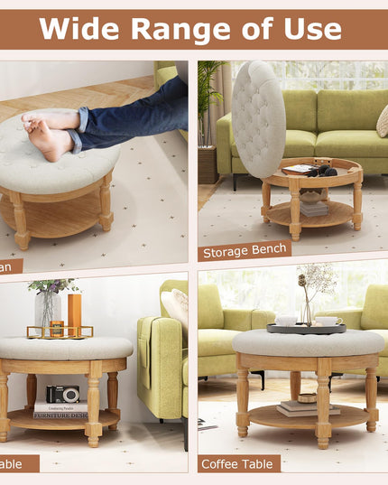 Giantex Large Ottoman Coffee Table - 29 inch Oversized Round Ottoman with Storage Shelf, Flip up Top, Wood Legs