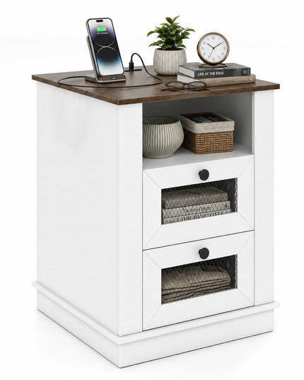 GIANTEX 2-Drawer Nightstand with Charging Station & Open Storage (1/2)