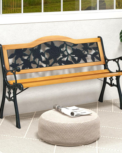 Giantex Outdoor Bench, Garden Bench with Slatted Seat, Curved Armrests, Flower Pattern Backrest, 470 Lbs Capacity