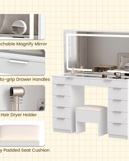 CHARMAID 56'' Vanity Desk with Lighted Mirror Glass Top Charging Station