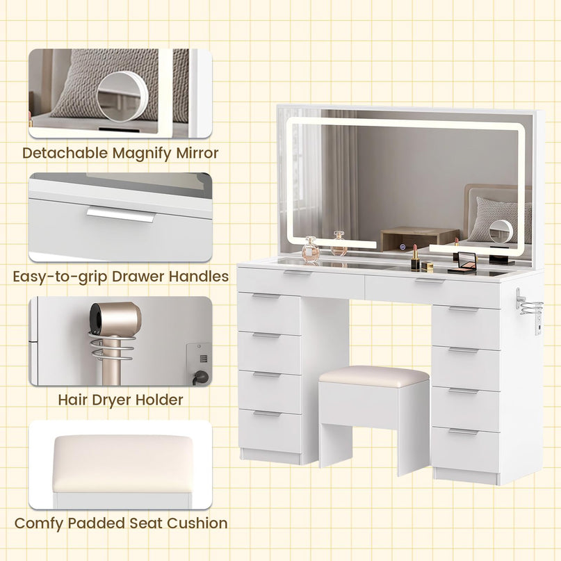 CHARMAID 56'' Vanity Desk with Lighted Mirror Glass Top Charging Station
